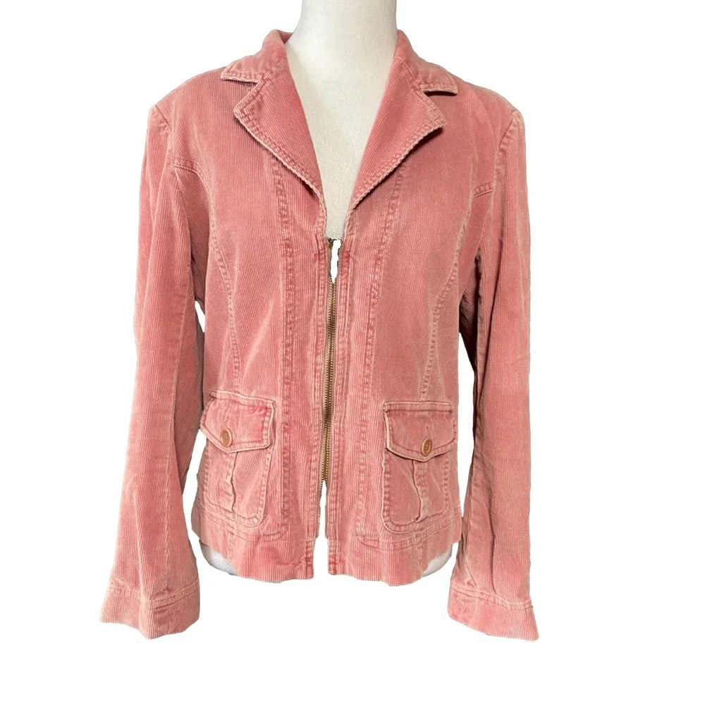 Garnet Hill Jacket Womens 10 Pink Corduroy Zip Front Pockets Elastic Waist